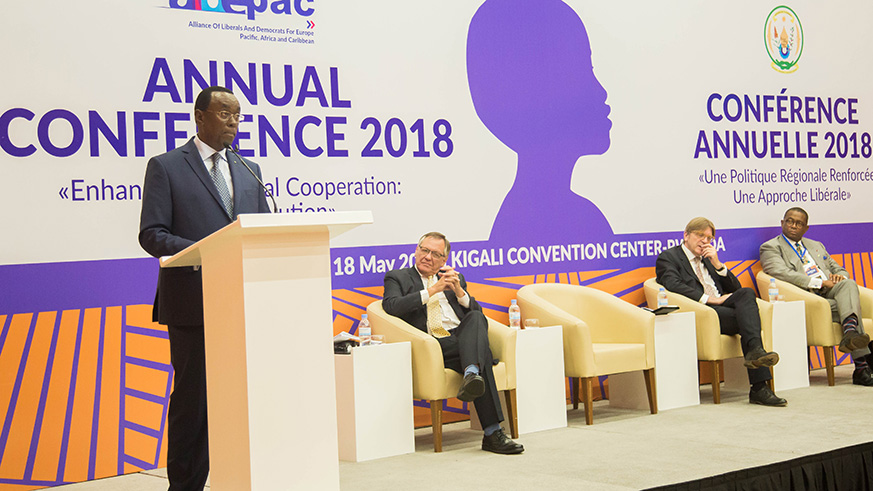 Bernard Makuza, the president of Rwandau2019s Upper House, delivers his remarks during the ALDEPAC annual conference in Kigali yesterday. Nadege Imbabazi.