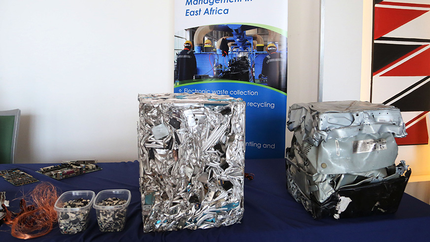 A sample of electronic waste material that was displayed at the three-day regional workshop on sustainable e-waste management last week. Sam Ngendahimana.