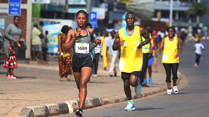 Gold medal winner in Half Marathon Salome Nyirarukundo during Kigali Peace Marathon yesterday (Sam Ngendahimana)