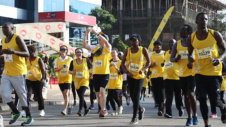 Kigali Peace Marathon participants run for fun a 10 km race in Kigali yesterday (Sam Ngendahimana)