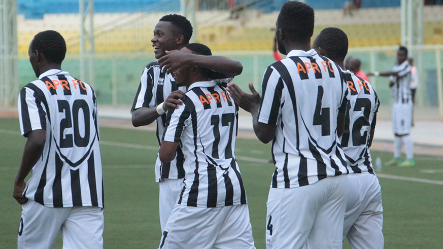 APR players celebrate Sekamana's goal. 