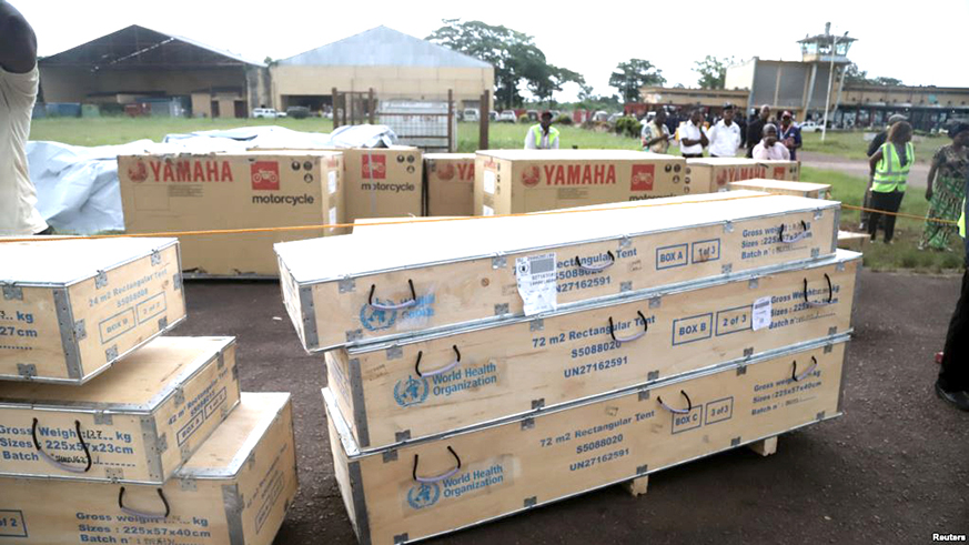 World Health Organization medical supplies to combat the Ebola virus are seen packed in crates at the airport in Mbandaka in DRC. Net photo