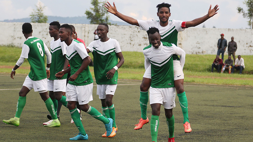 Kiyovu' goal scorers Francis Mustapha and Fabrice Kakure Mugheni celebrate the third goal