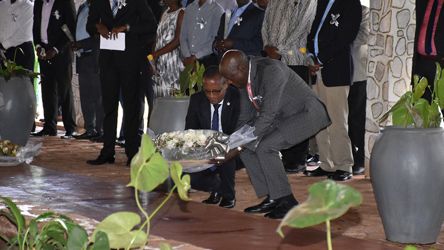 Steven Mutabazi the board chairman NIRDA and CNLG legal advisor Dr DiogÃ¨ne Bideri lay a wreath at the memorial site. All photos by Joseph Mudingu.