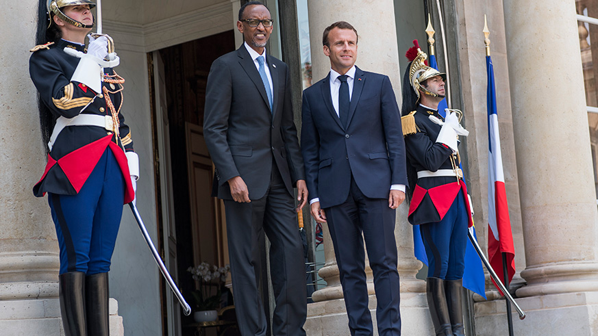 Presidents Kagame and Macron at the Ã‰lysÃ©e Palace in Paris yesterday. The two leaders discussed bilateral relations as well as Africa-France ties. / Village Urugwiro