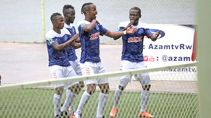 Rayon Sports players celebrate a goal against Etincelles at Kigali Stadium on Wednesday . Sam Ngendahimana. 