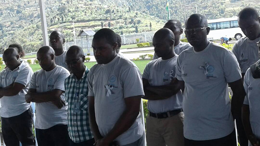 Steven Mutabazi the board chairman NIRDA and CNLG legal advisor Dr DiogÃ¨ne Bideri lay a wreath at the memorial site. All photos by Joseph Mudingu.