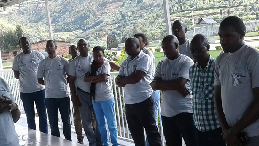 Steven Mutabazi the board chairman NIRDA and CNLG legal advisor Dr DiogÃ¨ne Bideri lay a wreath at the memorial site. All photos by Joseph Mudingu.