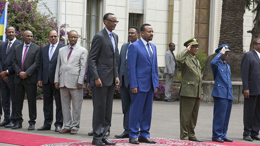 President Paul Kagame is welcomed at the National Palace in Addis Ababa by Ethiopian Prime Minister Dr Abiy Ahmed before the two leaders held bilateral talks yesterday. Kagame is on a State visit to Ethiopia. Village Urugwiro.