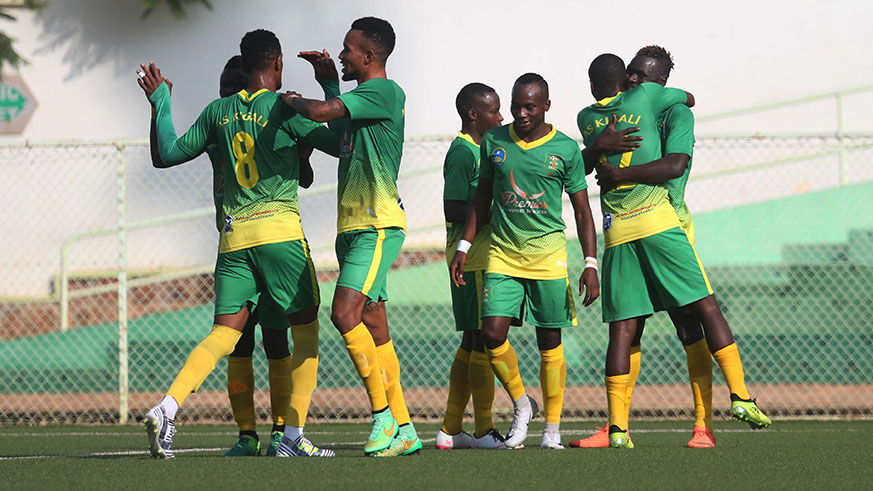 AS Kigali players celebrate the fourth goal as they walloped Bugesera 4-0 at Kigali Stadium yesterday (Sam Ngendahimana)