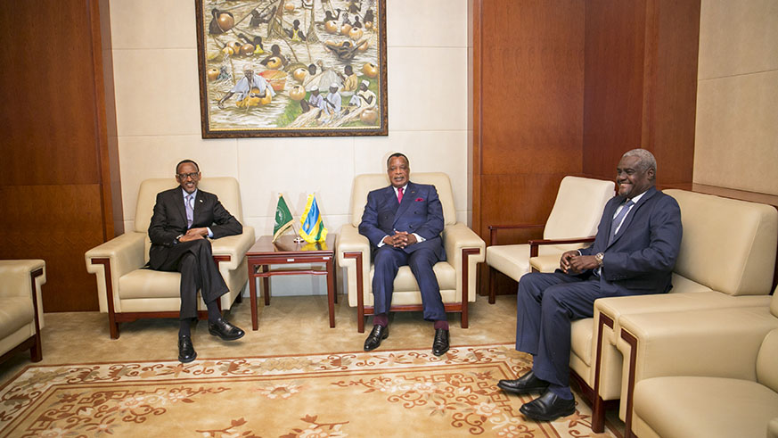 L-R: President Kagame; President Denis Sassou Nguesso of Congo-Brazzaville; and Moussa Faki, the Chairperson of the African Union Commission, on the sidelines of the Consultation Meetings on the African Union Institutional Reform Process in Ethiopia yesterday. Village Urugwiro