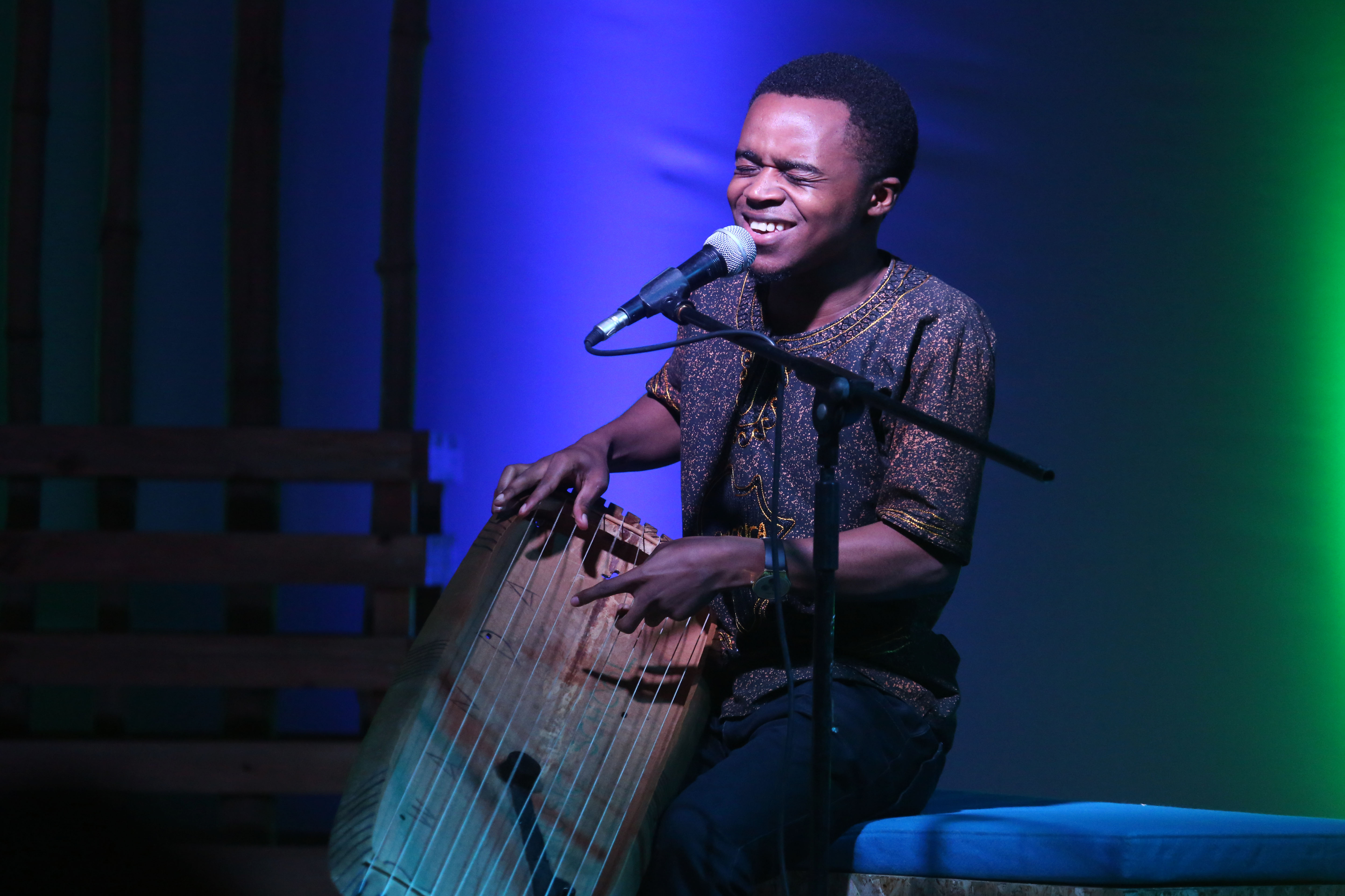 Rwandan Inanga player Deo Munyakazi entertained the audience during the concert on Saturday.