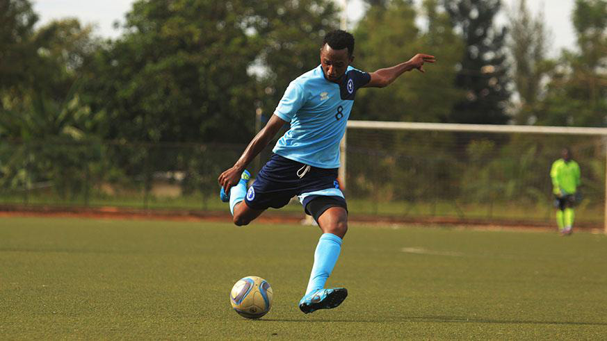 Justin Mico scored the lone goal as Police overcame Sunrise on Saturday afternoon. He is seen here trying a wide range attempt in a past league match  at Kicukiro Stadium. Archives