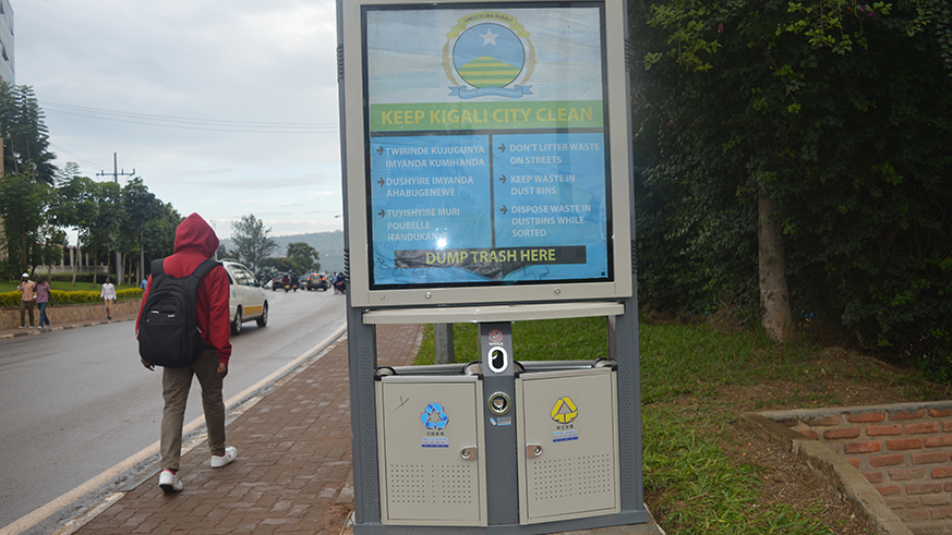 Electronic dust bins are distributed on most streets of Kigali.