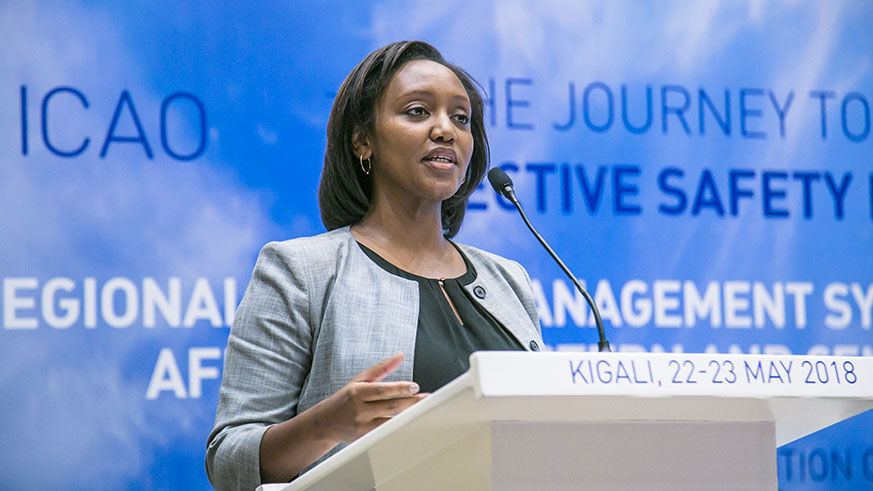 RwandAir chief executive Yvonne Makolo speaks during the Africa Aviation Safety Management Symposium on Thursday.