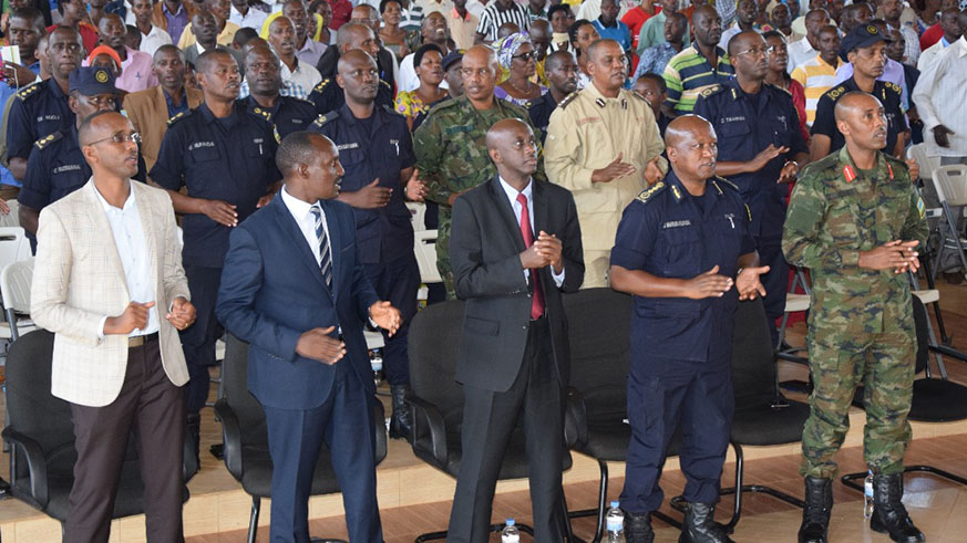 L-R: Bugesera Acting mayor Richard Mutabazi, Governor Fred Mufurukye, Minister for Local Government Francis Kaboneka, Deputy Police chief Juvu00e9nal Marizamunda, and Col Jomba Gakumba during the launch of the anti-GBV drive, in Bugesera District yesterday, as part of the ongoing Police Week activities. Minister Kaboneka said that GBV and child abuse greatly affect socio-economic development, and called for proactive and collective measures from all parties to address the challenges. Courtesy.