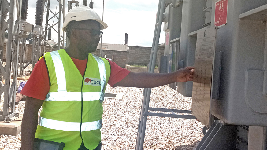 REG Chief Engineer, Jean Ndayizeye talking about the Shunt reactor installed at Birembo electricity substation in Gasabo District. Emmanuel Ntirenganya