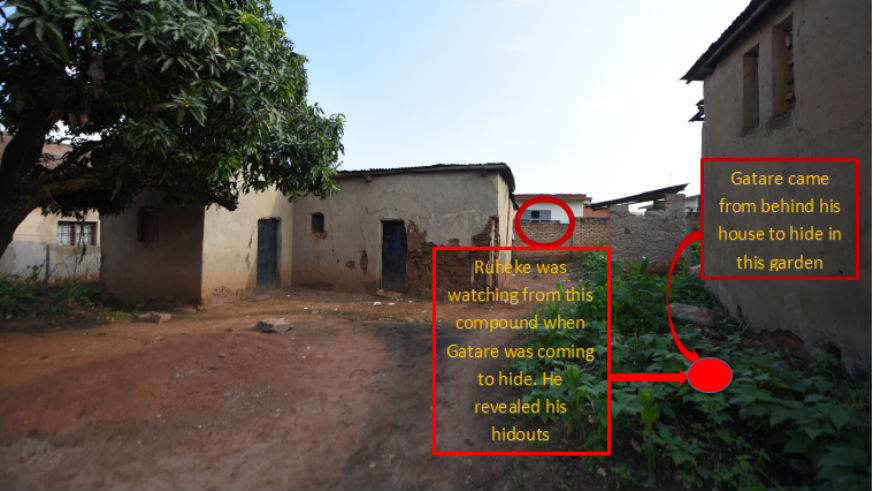 The killing scene today has slightly changed. One of the victims, Gatare, came from his house (right) to hide but the neighbour, Ruheke -- who was watching from the compound -- alerted the killers. / Plaisir Muzogeye/KT Press