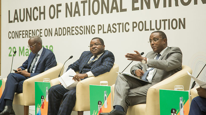 Minister for Environment Dr Vincent Biruta addresses participants during the launch of the National Environment Week, as Minister for Trade and Industry, Vincent Munyeshyaka (centre) and PSF CEO Steven Ruzibiza look on. Nadege Imbabazi.