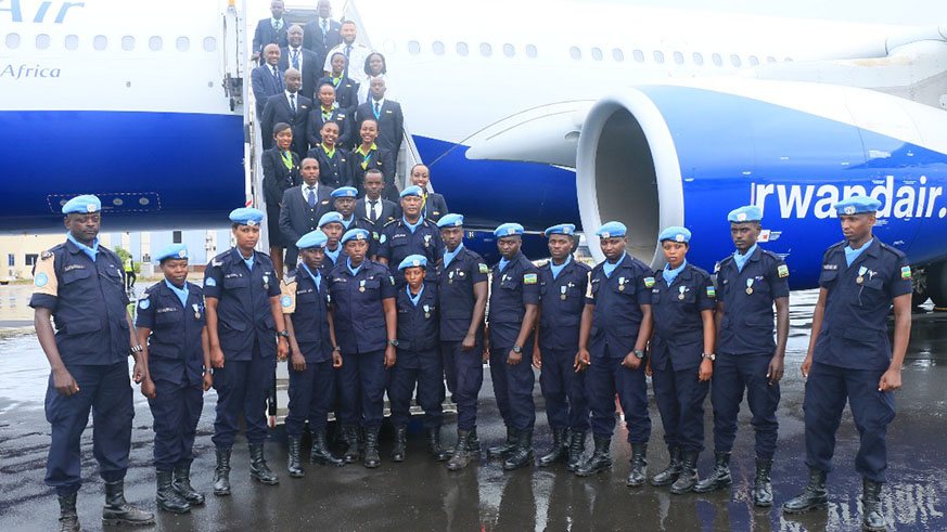 Rwanda National Police peacekeepers arrive at KIA from tour of duty in South Sudan. Courtesy.