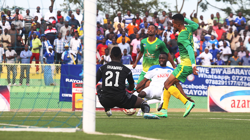 Goal scorer Gilbert Mugisha almost doubled the lead but AS Kigali's Shamilu Batte denied him. / Sam Ngendahimana