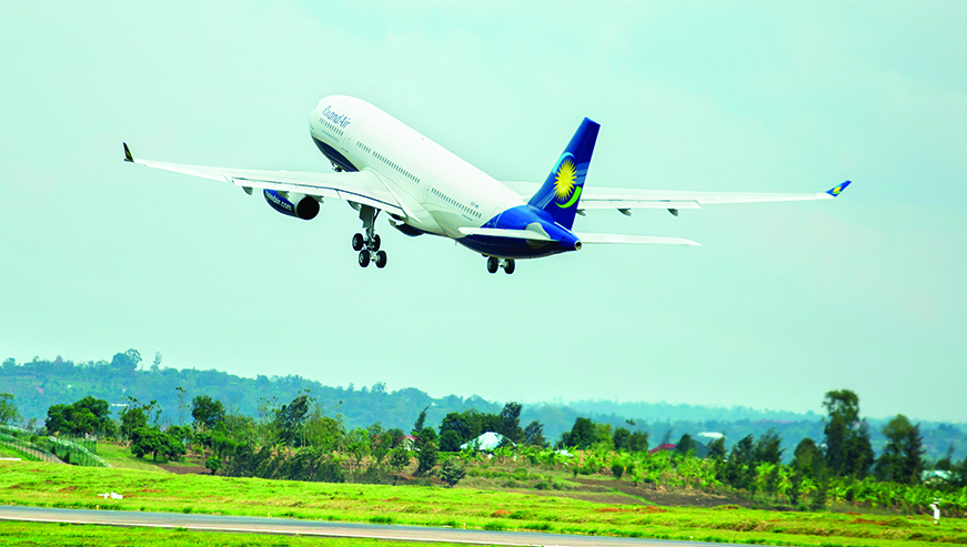 A RwandAir plane takes off from Kgali International Airport. File.