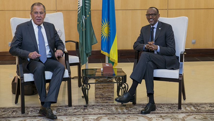 President Paul Kagame  and Russian Foreign Affairs Minister Sergey Lavrov meet during the top Russian diplomatu2019s one-day working visit to Rwanda, yesterday. Village Urugwiro.