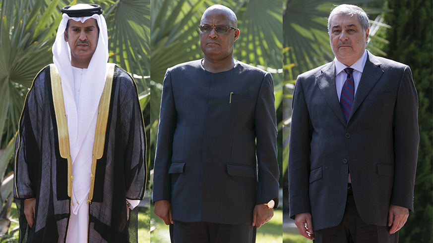 L-R: Amb. Hazza Mohammed Falah Kharsan Alqahtane of United Arab Emirates; Tanzanian High Commissioner Ernest Jumbe Mangu; and Amb. Karen Chalyan of Russia. The envoys presented their credentials to  President Kagame yesterday. Village Urugwiro.