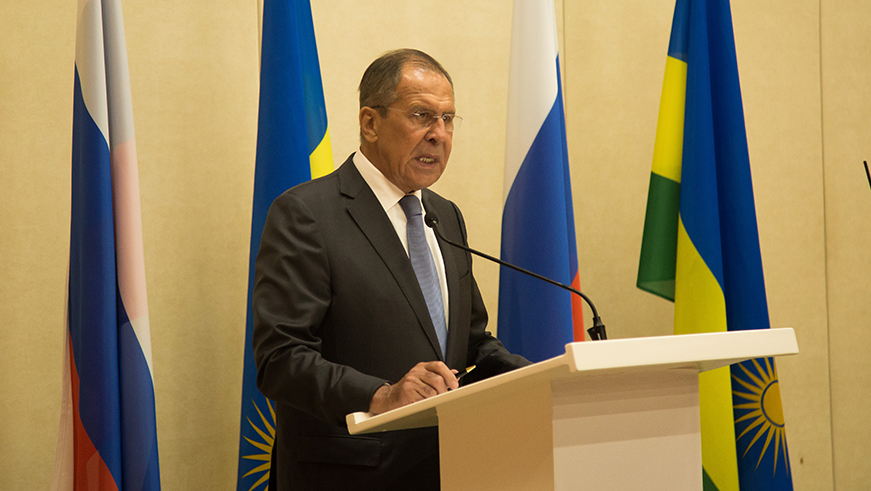 Minister of foreign affair of Russia Sergey Lavrov addresses media during the press conference. Nadege I