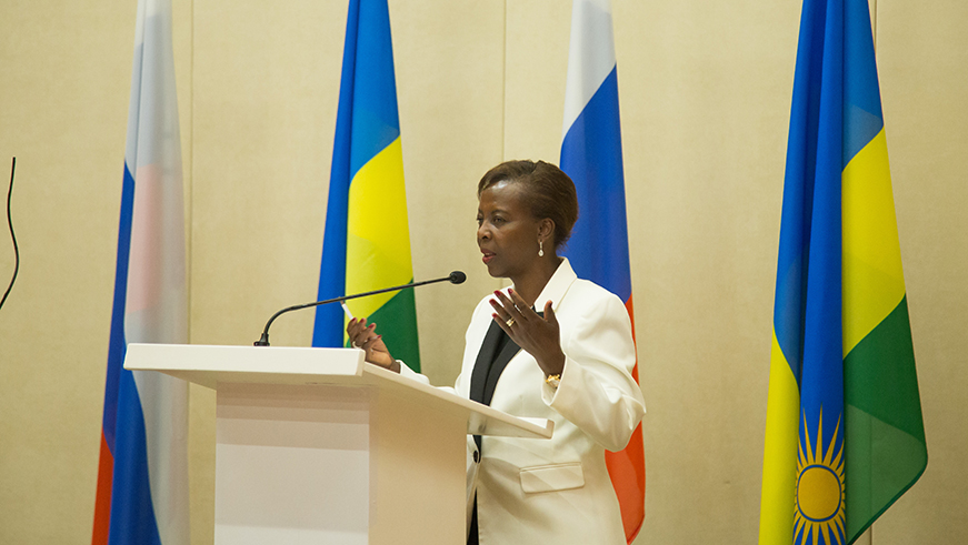 Minister Louise Mushikiwabo Speaks during the press conference. 
