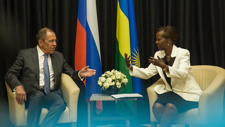 Minister of Foreign affair Louse Mushikiwabo chats with minister of foreign affair of Russia Sergey Lavrov, during ta bilateral meeting yesterday. Nadege I 