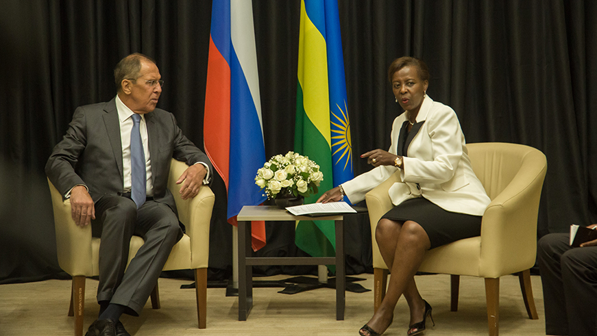 Minister of Foreign affair Louse Mushikiwabo chats with minister of foreign affair of Russia Sergey Lavrov, during ta bilateral meeting yesterday. Nadege Imbabazi 