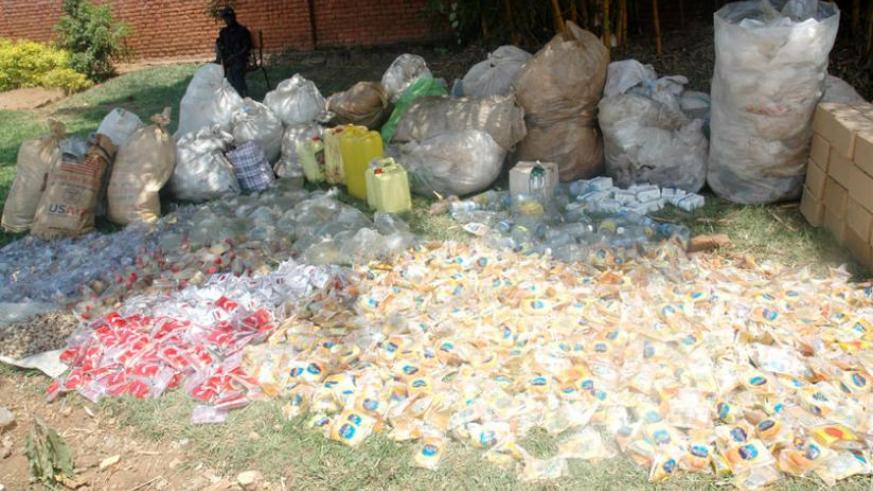 mpounded local brew displayed at Kicukiro Police Station in a past incident. (File)