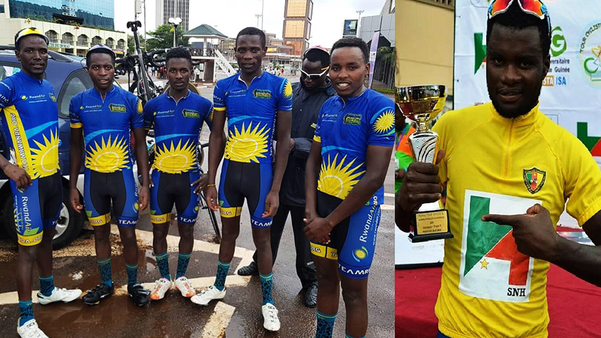 Team Rwanda riders Patrick Byukusenge, Didier Munyaneza, Rene Jean Paul Ukiniwabo, Jean Bosco Nsengimana, Hadi Janvier and the winner Bonaventure Uwizeyimana with trophy as he won Tour du Cameroun yesterday. / Courtesy