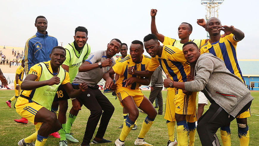 Amagaju players celebrate the crucial victory of 2-1 against the champion Rayon Sports at Amahoro National Stadium yesterday (Sam Ngendahimana)