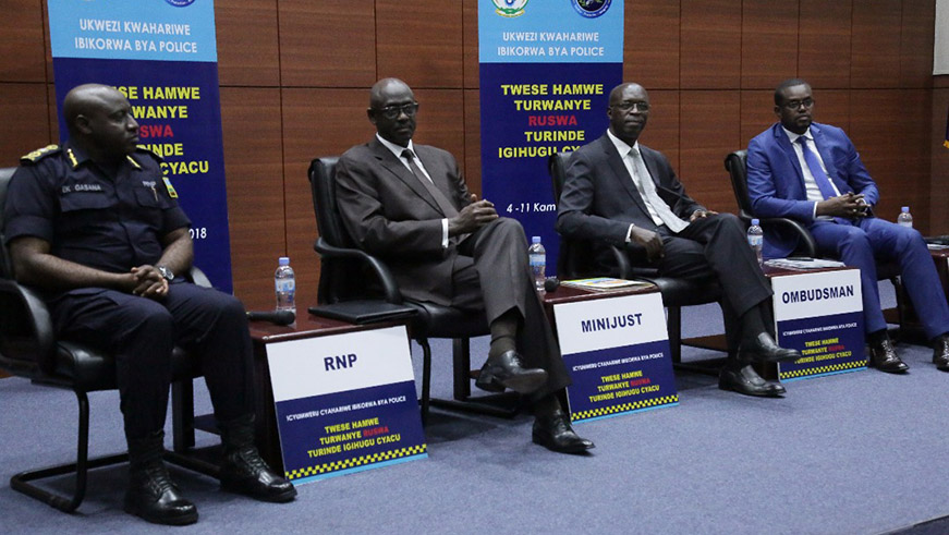 L-R: IGP Emmanuel K. Gasana, Minister for Justice Johnston Busingye, Chief Ombudsman AnastaseMurekezi, and Prosecutor General Jean Bosco Mutangana during the conference to launch the anti-corruption week in Kigali yesterday. Courtesy.