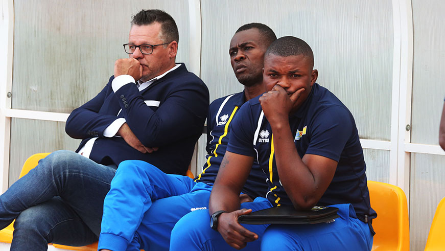 Rayon Sports' head coach Ivan Minnaert, Goalkeppers coach Ramazan Nkunzingoma and Romami look so disappointed after losing the match