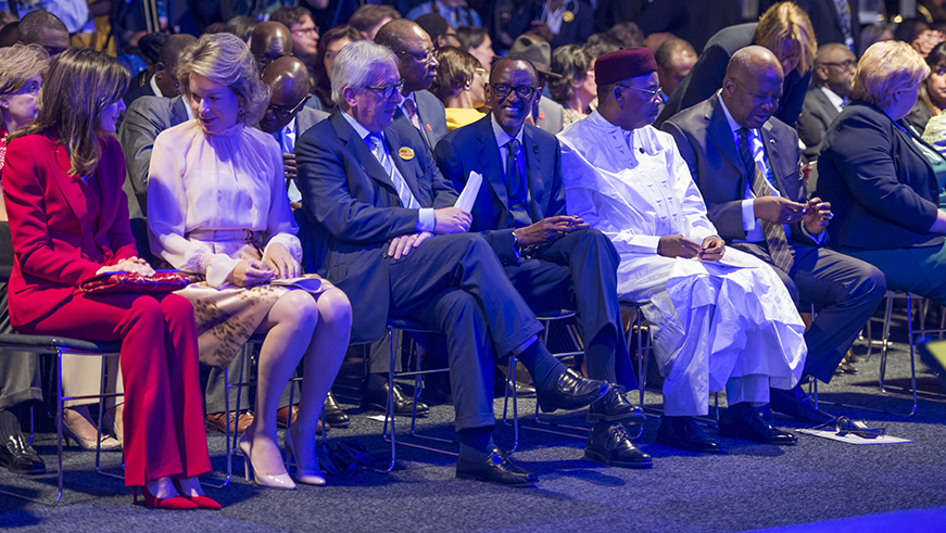 L-R: Queen Letizia of Spain, Queen Mathilde of Belgium, President of EU Parliament Antonio Tajani, President Paul Kagame, President Mahamadou Issoufou of Niger, and President Roch Kaboru00e9 of Burkina Faso at the opening of the two-day European Development Days meeting in Brussels yesterday. Addressing the gathering, President Kagame called on leaders across the world to help eliminate gender inequality, which he said is evident in societies across the world. / Village Urugwiro