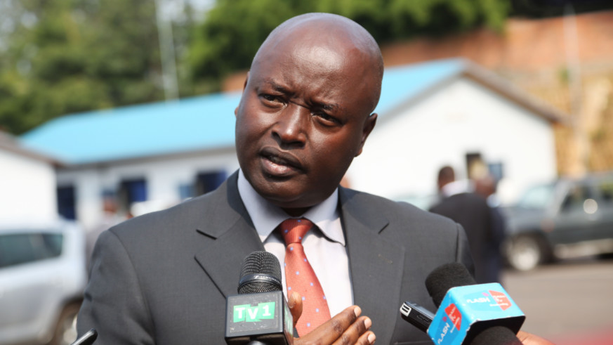 Col Jeannot Ruhunga, Secretary General of Rwanda Investigation Bureau, speaks to the media today. / Sam Ngendahimana