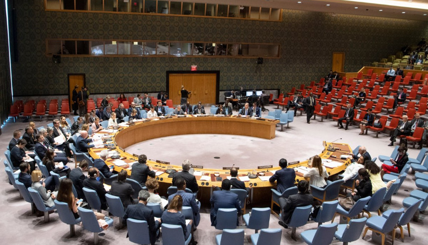 Members of the UN Security Council during a session in which they reviewed the work by MICT.