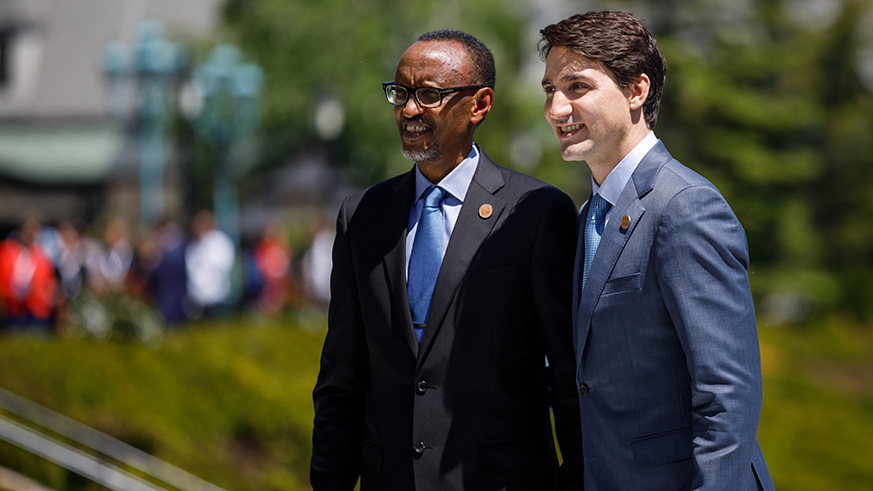President Kagame with host of G7 Summit, Canada Prime Minister Justin Trudeau, in Quebec, Canada.Village Urugwiro.