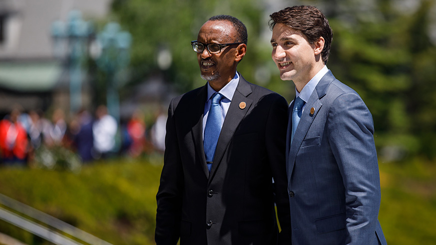 President Kagame with host of G7 Summit, Canada Prime Minister Justin Trudeau, in Quebec, Canada.Village Urugwiro.
