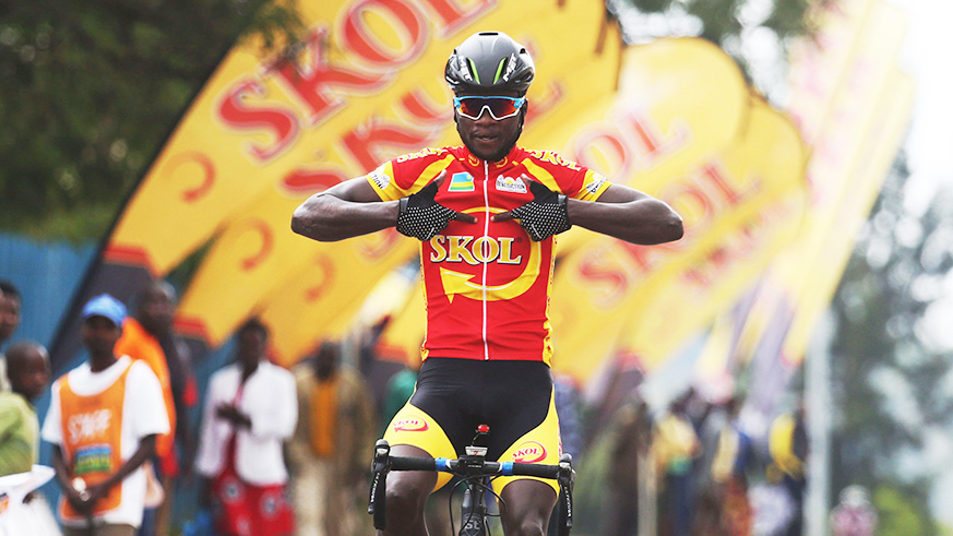 Benediction Club rider Bonaventure Uwizeyimana celebrates his victory on Saturday. He assures to win the upcoming Tour du Rwanda 2018 (Sam Ngendahimana