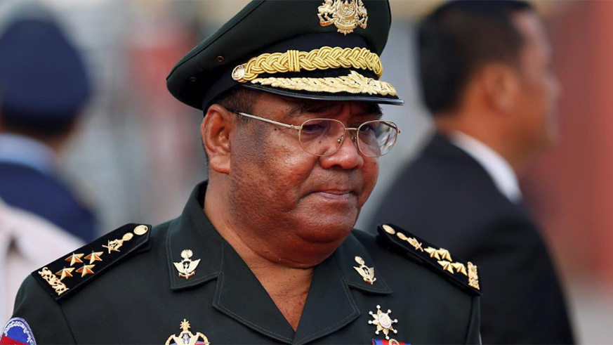 Hing Bun Hieng, the commander of Cambodian Prime Minister Hun Sen's bodyguard unit stands, at the International Airport of Phnom Penh as he accompanies PM Hun Sen to Singapore for the 32nd ASEAN Summit, in Phnom Penh, Cambodia. / Internet photo
