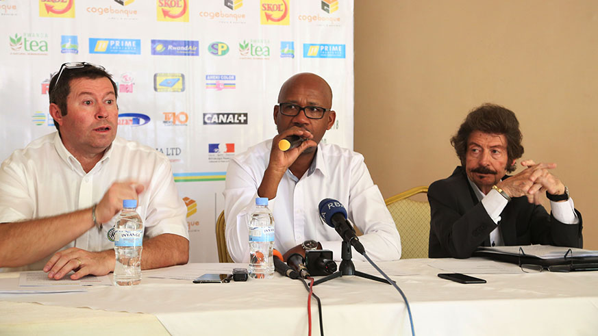 FERWACY President Aimable Bayingana speaks to media as Olivier Grand Jean (L) and Jean Claude Heraus (R) look on during the roadmap unveiling in Kigali on Wednesday (Sam Ngendahimana)