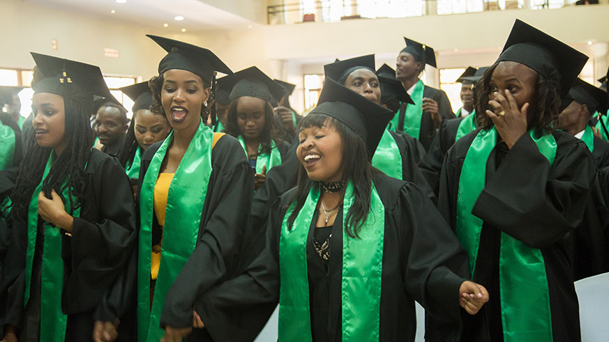 Gratuates of Kepler sing and dance joyfully on their graduation day on monday. Nadege Imbabazi