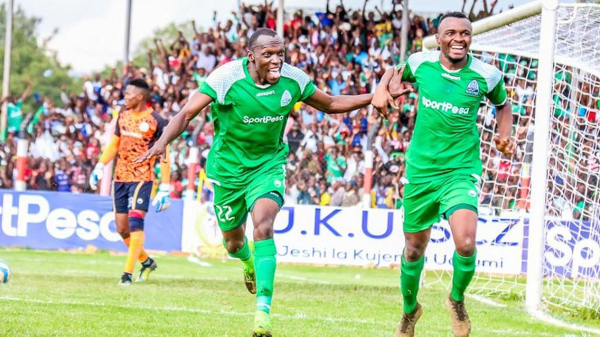 Strikers Meddie Kagere and Jacques Tuyisenge celebrate the latteru2019u2019s winning goal in the 2-0 win over Tanzaniau2019s Simba FC at the Afraha Stadium on Sunday. Courtsey.
