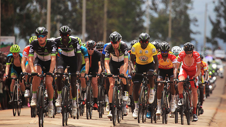 Joseph Areruya (in yellow jersey) with  former teammates at Dimension Data for Qhubeka during the 2017 Tour du Rwanda. Ferwacy will hold a team presentation ceremony this year. (Sam Ngendahimana)
