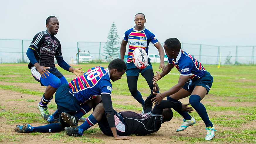 Thousand Hills Rugby players battle for the ball in a past match against Resilience Rugby Club at Amahoro Stadium. So far 12 teams have registered for the Genocide Memorial Tournament. (Sam Ngendahimana)