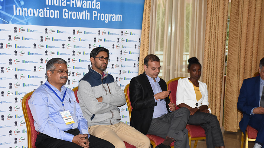 Extreme Left : Mr. Yogesh Andlay, Co-Chair FICCI Start-up Committee & leader of Indian Delegation hearing the Innovators during the Workshop in Kigali. All photos by Joseph Mudingu.